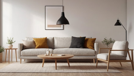 Interior of modern living room with white sofa, coffee table and lamp. 3d renderの素材