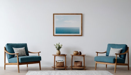 interior of modern living room with blue armchairs and sea viewの素材