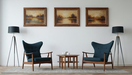 interior of modern living room with blue armchairs and wooden tableの素材