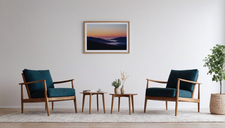 Interior of modern living room with blue armchairs and coffee tableの素材