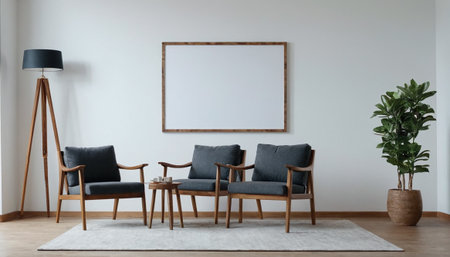 Interior of modern living room with armchairs and mock up posterの素材