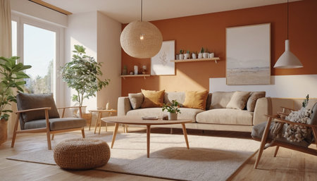 Living room interior design with brown sofa, coffee table and decorative plants. 3d renderの素材