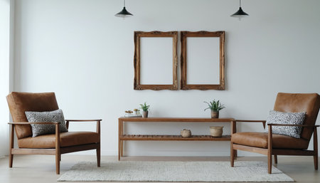 interior of modern living room with brown armchairs and wooden tableの素材