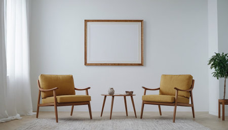 Interior of a modern living room with yellow armchairs and a picture frameの素材