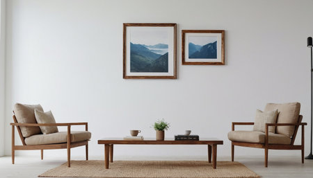 Interior of modern living room with two wooden armchairs and coffee tableの素材