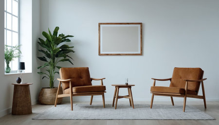 Interior of modern living room with armchairs and poster mockupの素材