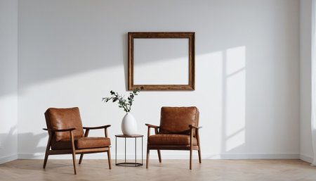 Interior of modern living room with brown armchairs and wooden frameの素材