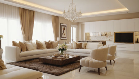 Luxury living room with beige sofas and fireplaceの素材