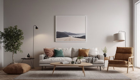 Modern living room interior design with sofa, coffee table and mock up poster. 3D renderingの素材