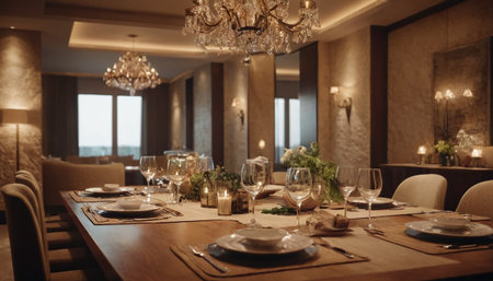 Beautiful table setting in a luxury restaurant. Luxury restaurant interiorの素材