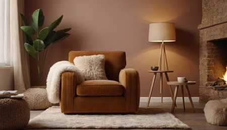 Cozy living room interior with armchair, coffee table and lampの素材