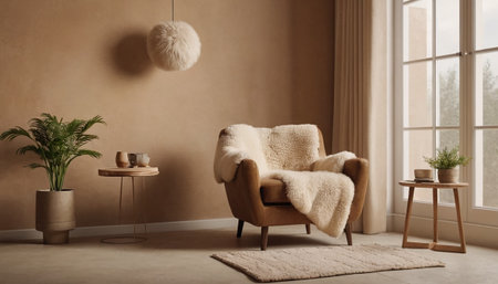 Interior of living room with armchair, coffee table and plantの素材