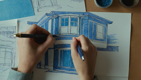 Woman draws a house with blue pencils on a sheet of paperの素材