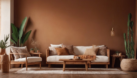 Interior of modern living room with brown wall, sofa and plantsの素材