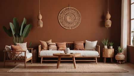 Interior of modern living room with sofa, coffee table and plantsの素材