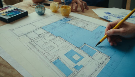 Architect working on blueprint at desk in office. Architectural concept.の素材