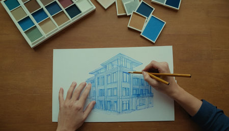 Close-up of a female hand drawing a house on a paperの素材