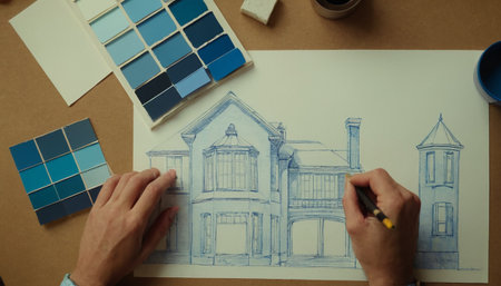 Hands of a designer drawing a house with blue and white colorsの素材