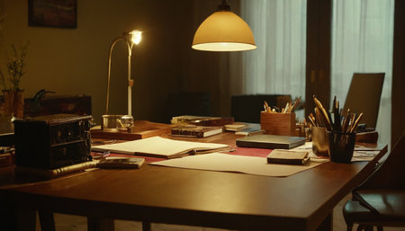 Interior of a modern office with a wooden table, laptop, books and a lampの素材