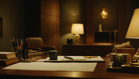 Wooden table with a cup of coffee and a notebook in a hotel roomの素材