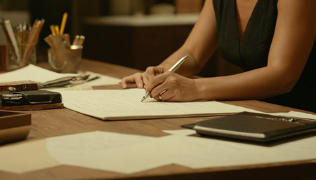 Close up of businesswoman writing on paper while sitting at desk in officeの素材
