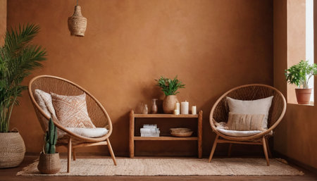 Interior of modern living room with rattan armchairs and plantsの素材