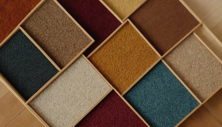 Wooden box with carpet samples. Top view. Close up.の素材