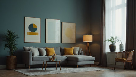 Interior of modern living room with grey sofa, armchair and postersの素材