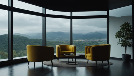 Interior of modern living room with panoramic window and yellow armchairsの素材