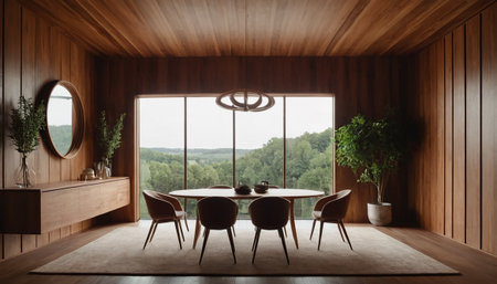Interior of modern wooden dining room with panoramic window view. 3D Renderingの素材