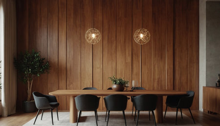 Interior of modern dining room with wooden walls, concrete floor, black chairs and round table. 3d renderingの素材