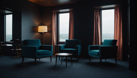 Interior of modern hotel room with gray walls, concrete floor, blue armchairs and round coffee table. 3d renderingの素材