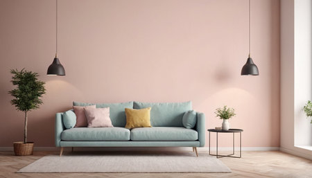 interior with blue sofa. 3d render illustration mock-upの素材