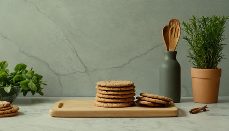 Wooden kitchen utensils and cookies on white marble table.の素材