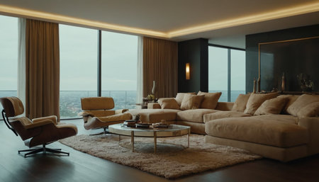 Modern living room interior design with coffee table, sofa and panoramic window view. 3D Renderingの素材