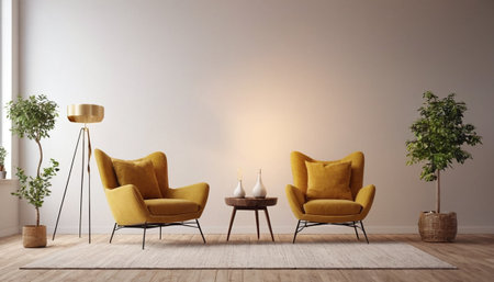 interior with yellow armchairs and coffee table 3d render illustrationの素材