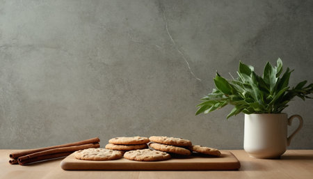 Wooden table with cookies and green plant in vase on grey wall backgroundの素材