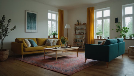 Interior of a living room with a sofa and a coffee tableの素材