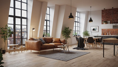 Modern living room interior design with brown sofa, coffee table and armchair. 3d renderの素材