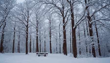 Beautiful winter landscape with snow covered trees and bench in the parkの素材