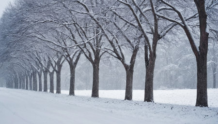 Trees in the snow in winter. Winter landscape. Snowfall.の素材