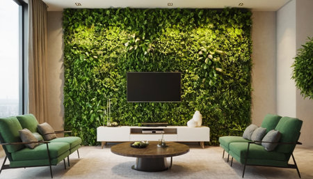 Interior of modern living room with green wall, 3d renderの素材