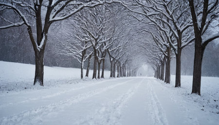 Winter landscape with road and trees covered by snow in the city parkの素材