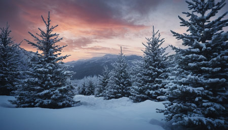 Winter landscape with snow covered fir trees in mountains at sunset. Dramatic sky.の素材