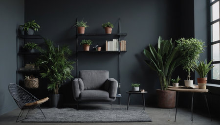 Living room interior design with armchair and plants. 3d renderingの素材
