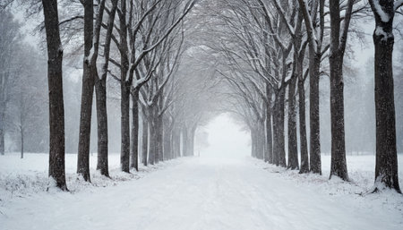 Winter alley in the park with trees covered with snow and fog.の素材