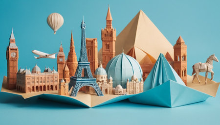 Travel concept. Paper model of famous monuments of the world on blue backgroundの素材