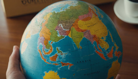 Hand holding a globe on a wooden table in a coffee shop.の素材