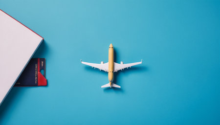 Miniature airplane model and passport on blue background. Travel concept.の素材