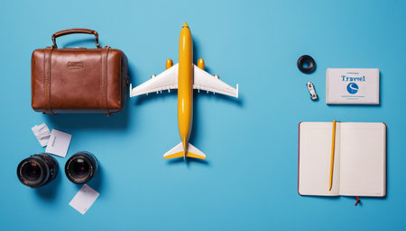 Travel planning concept with airplane, passport, camera and notebook on blue backgroundの素材